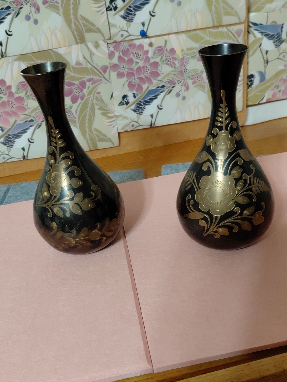 Black and Gold Floral Brass Vases - Set of 2
